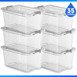 Kit 6 Caixa Organizadora C/ Trava Multiuso 35L Cesto Grande 35 Litros Transparente