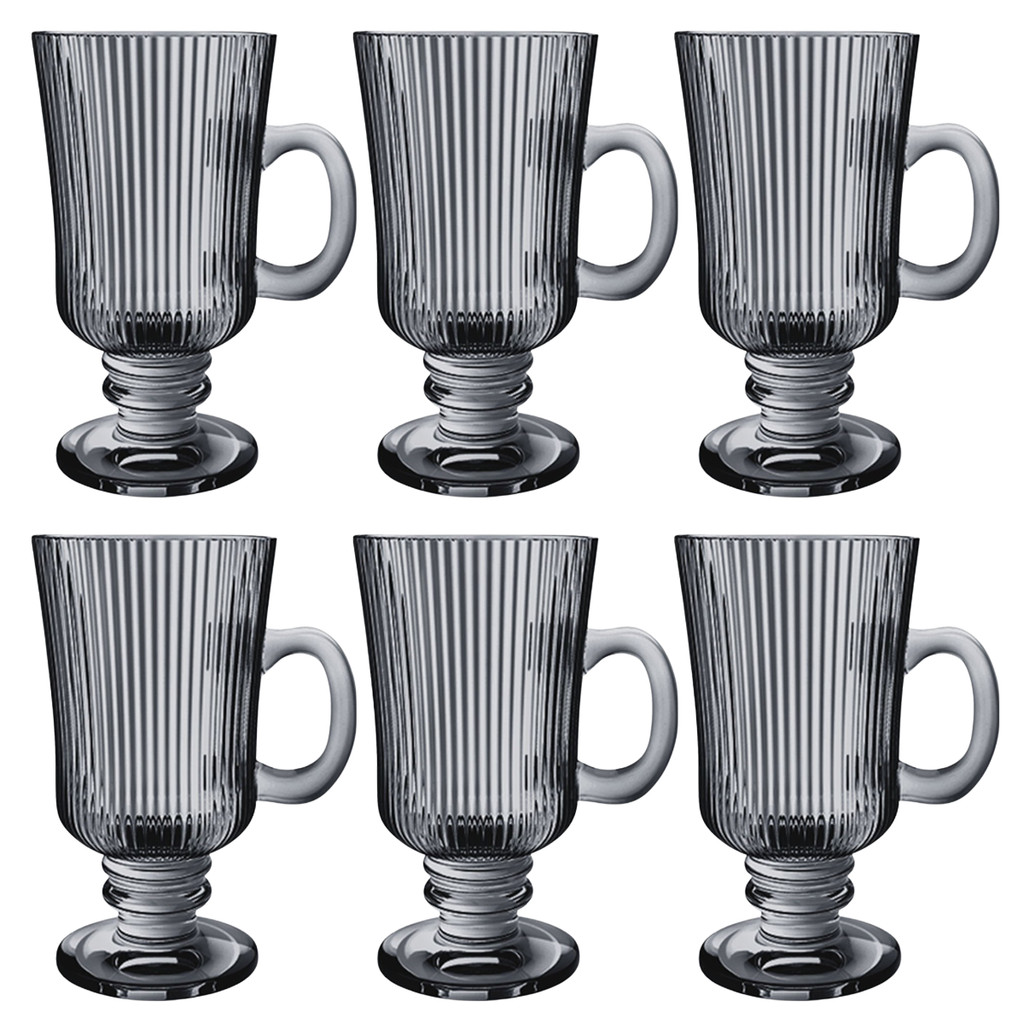 Jogo 6 xicaras irish Cameratta vidro 230ml Cinza Fumê Canelado Capuccino Dolce Nespresso Café