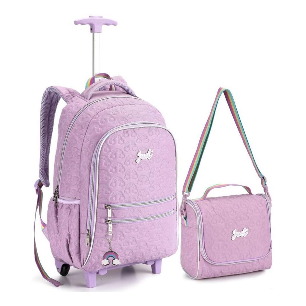 Kit Mochila Rodinha Lancheira Escolar Infantil Juvenil Feminina Matelassê Denlex
