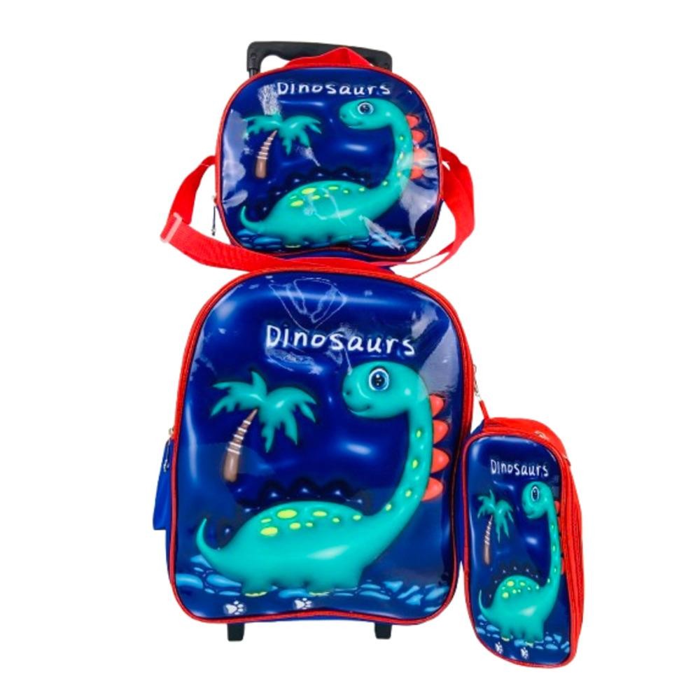 KIT MOCHILA INFANTIL COM RODINHAS MENINOS BOLSA ESCOLAR DINOSSAURO ESTOJO E LANCHEIRA TÉRMICA DINO