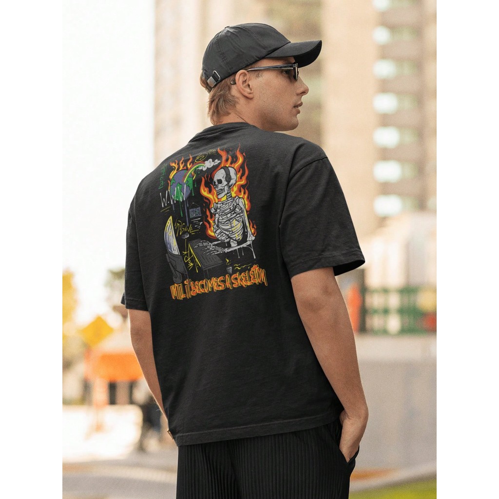 Camisa Camiseta Oversized Gola Alta Streetwear Masculino e Feminino para Treino e Dia a Dia Preto e Off Whte Estampado