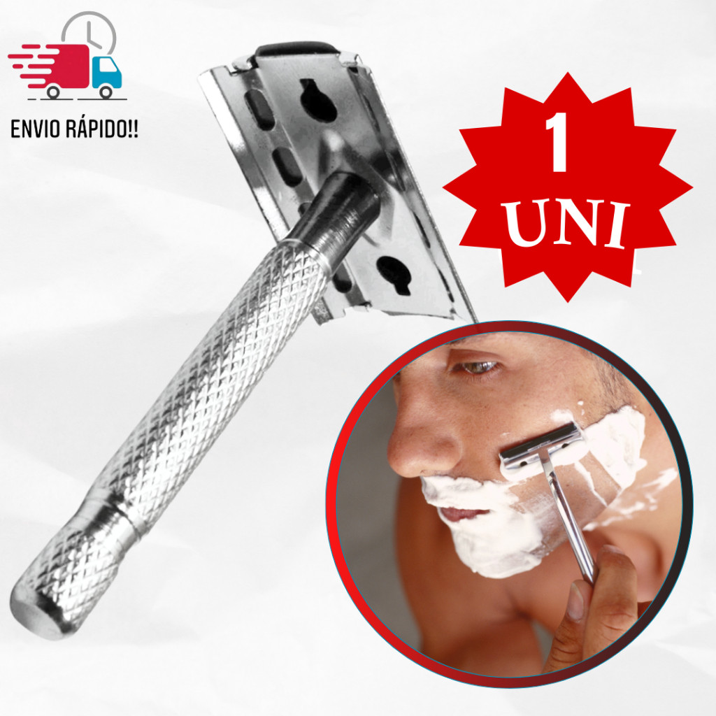 1 Barbeador de Metal Articulado Cabo Adaptável a Mão Acompanha uma Lâmina Retrô Afiada Barbearia Depilar Raspar Barba