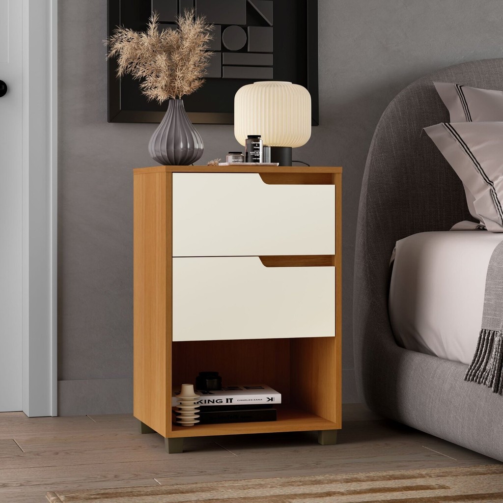 Mesa Cabeceira em Mdf com 2 Gavetas e 1 Nicho da Vinci Nature/Champanhe