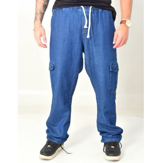 CALÇA CARGO JEANS ESCURO E SARJA UNISSEX LARGA 6 BOLSOS CORDÃO PARA AMARRAR DO P AO GG