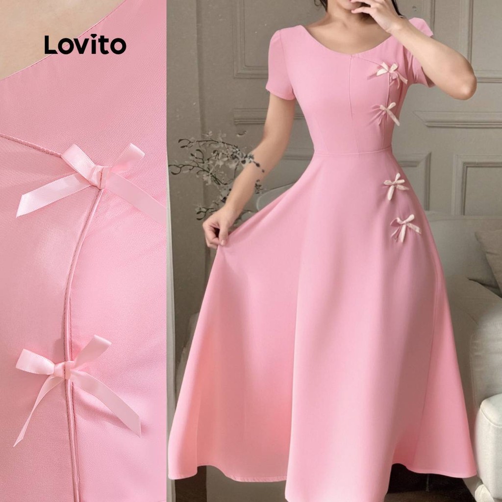 Lovito Elegante Vestido Liso Com Gravata Frontal Primavera/Verão Rosa Claro Para Mulheres LBL25326 em Oferta na Shopee
