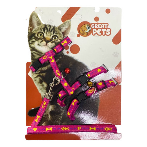 Kit Peitoral + Coleira + Guia Para Gatos Great Pets Cor Rosa-chiclete Viariados Tamanho Da Coleira Único