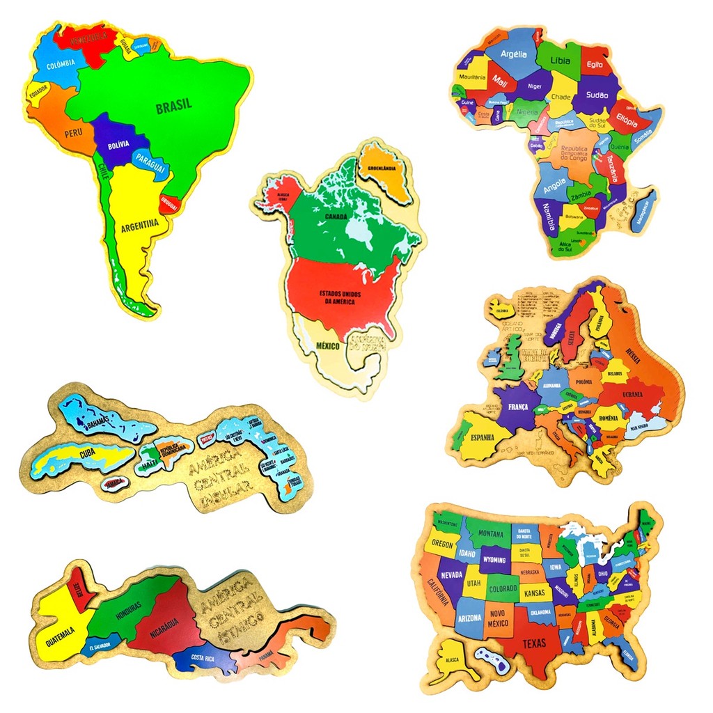 Kit Quebra-cabeça Mapas África, E.U.A, América do Sul e Norte, Central Ístmico e Insular, Europa