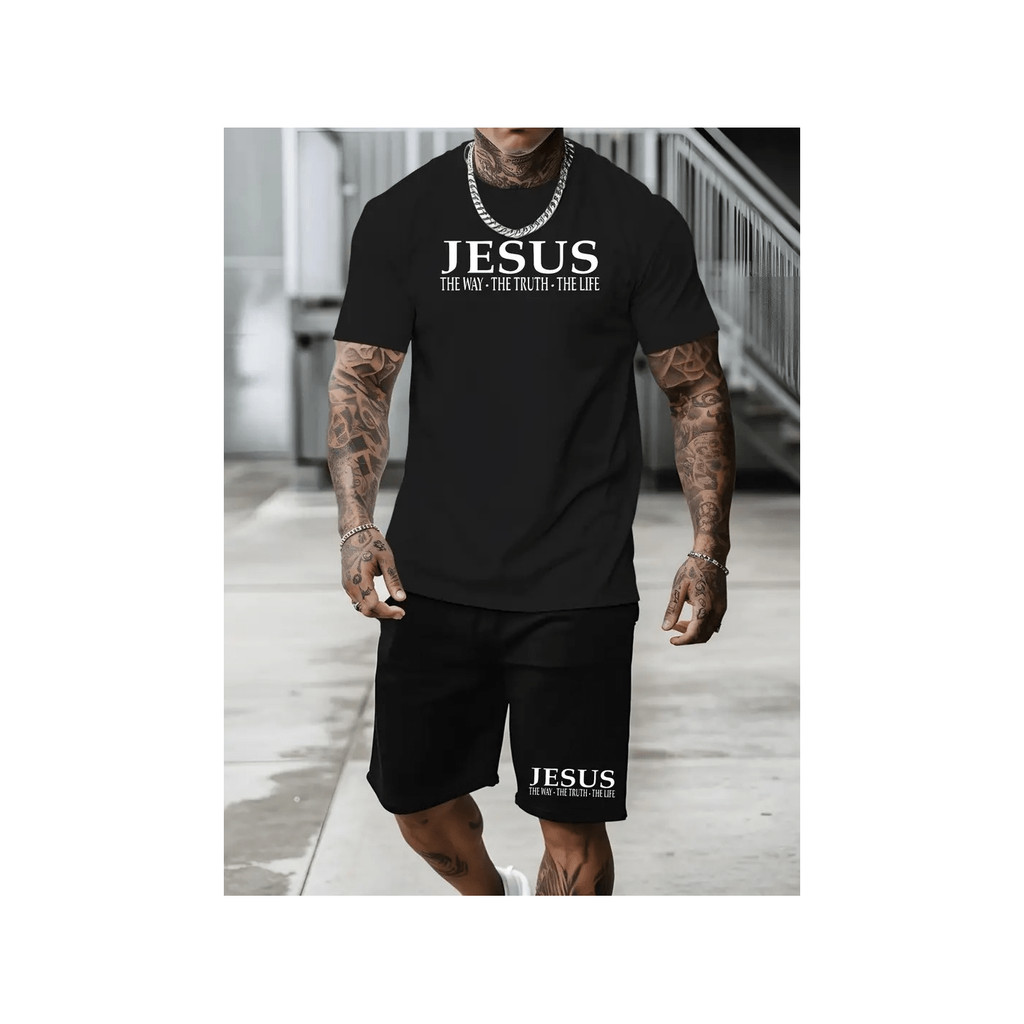 Conjunto Camiseta Básica Jesus The Way (FRENTE) Costura Reforçada + Bermuda Moletom Jesus The Way  Casual com Bolso