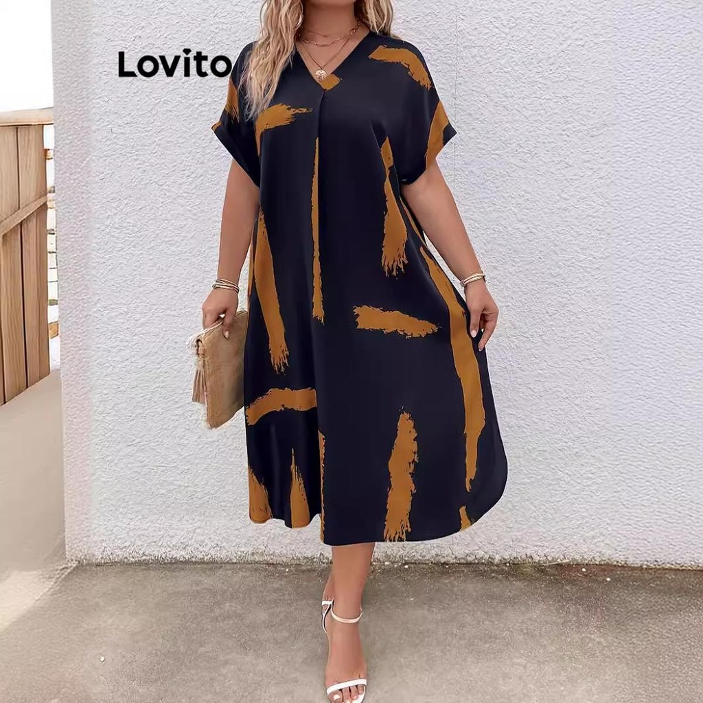 Lovito Vestido Curva Plus Size Casual Pintado À Mão Vestido Padrão Para Mulheres LNL72541 - Women Clothes
