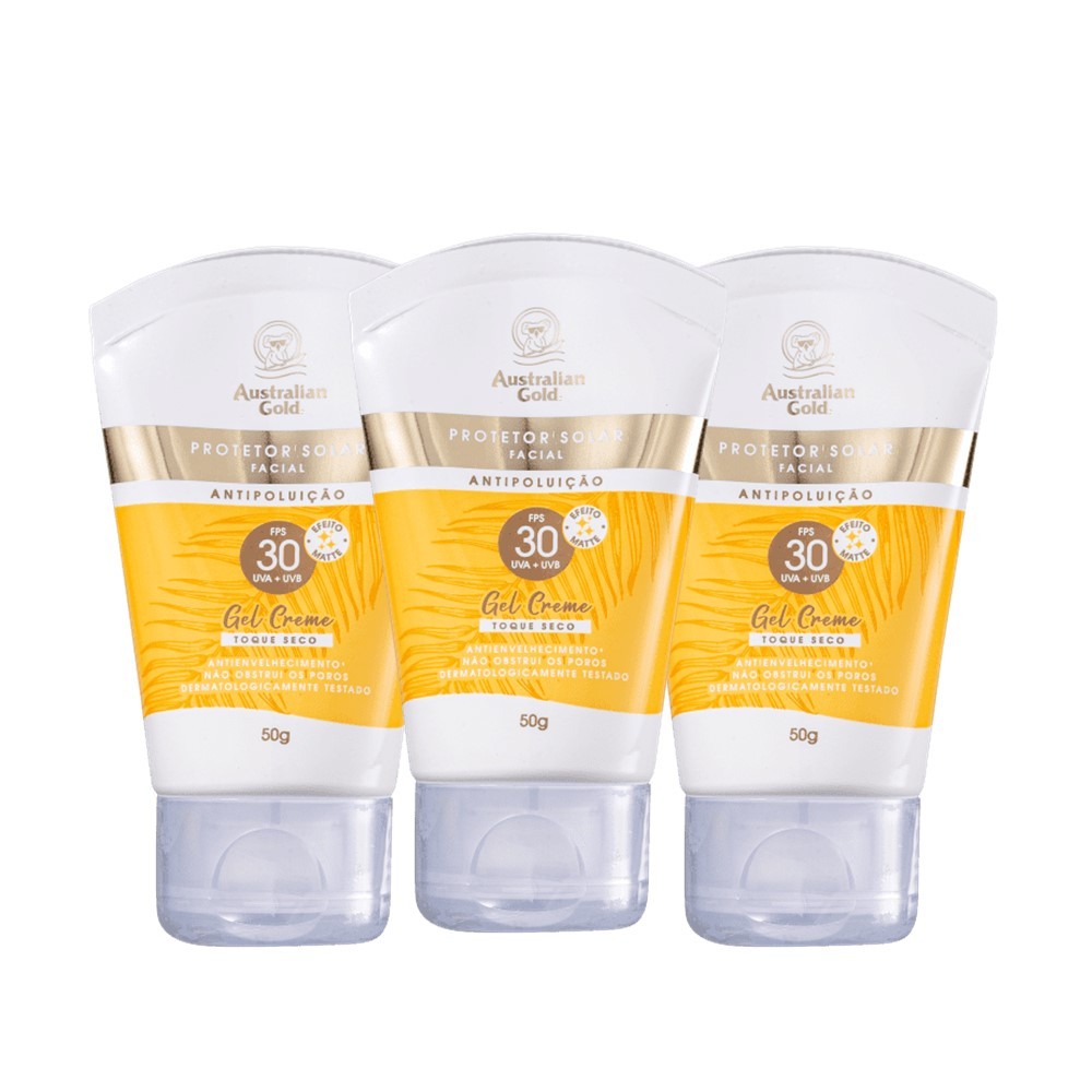 Kit 3 Protetor Solar Facial Gel Creme Fps 30 UVA/UVB Australian Gold 50g