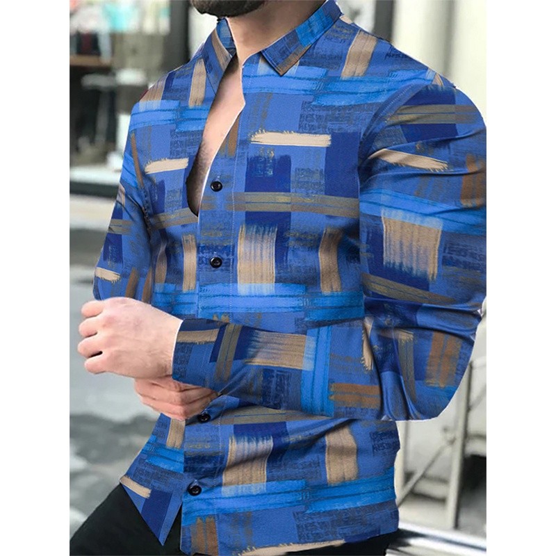 Moda Masculina Camisas De Vestido Gola Botão Para Baixo Camisa Casual Impressão Abstrata Manga Longa Roupas Masculinas C