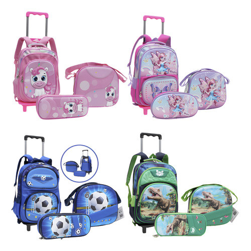 Kit 3 Pç Mochila Rodinha Escolar Infantil Menina Bolsa Reforçada Estojo Lancheira Térmica
