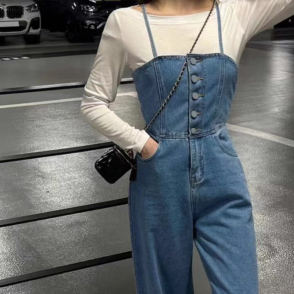 Detalhes do (LIVE STREAM SALE) Lovito Casual Macacão Feminino Liso Lavado com Bolso e Botão Frontal LNE22047 (Multicolorido)