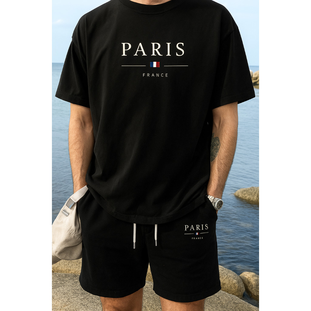 Kit Camiseta Masculina e Bermuda Moletom Conjunto Estampado Paris Lançamento