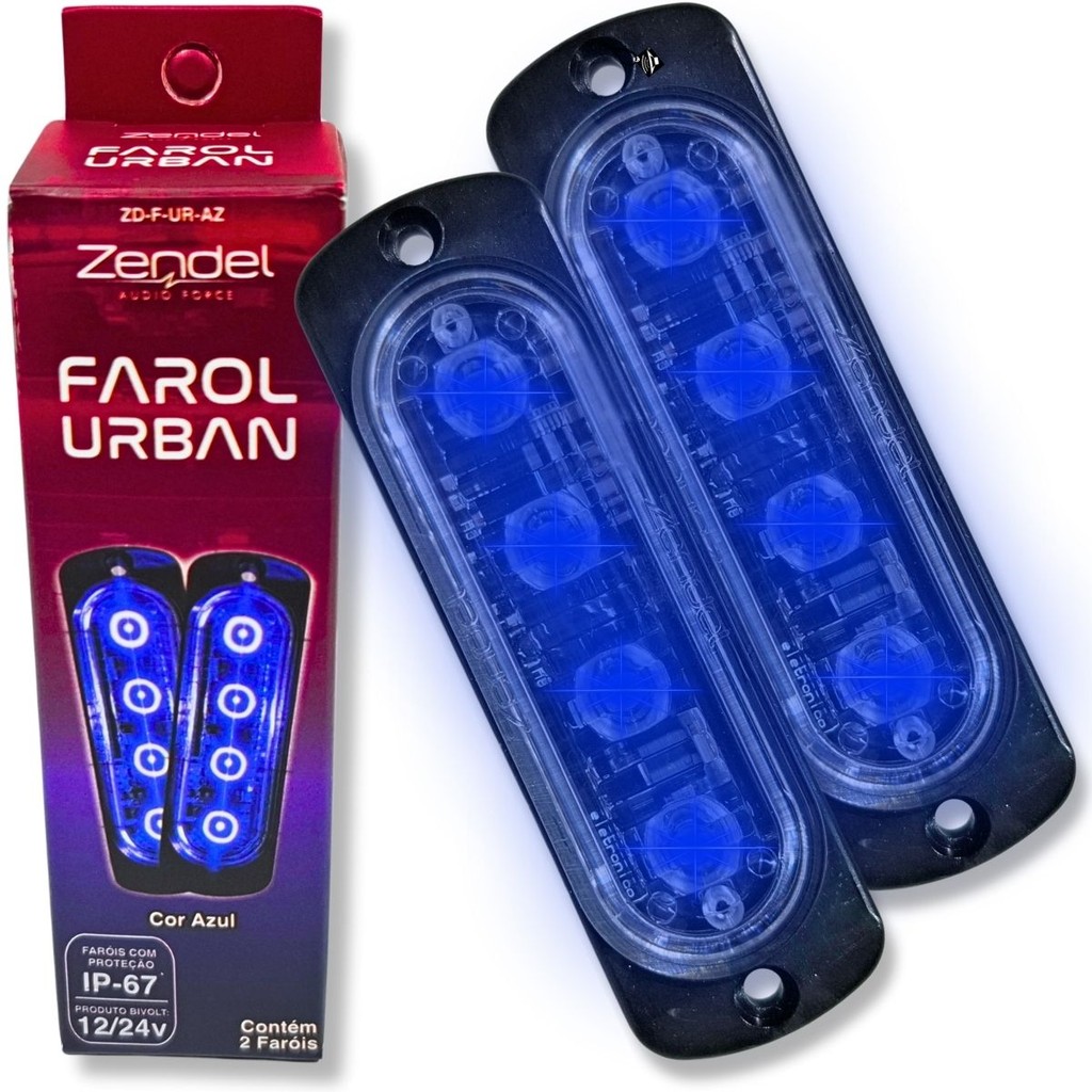 PAR FAROL STROBO AZUL ZENDEL URBAN 12V 24V IP67 PISCA PROFISSIONAL AMBULANCIA VT GUINCHO SINALIZAÇÃO ZD-F-UR-AZ