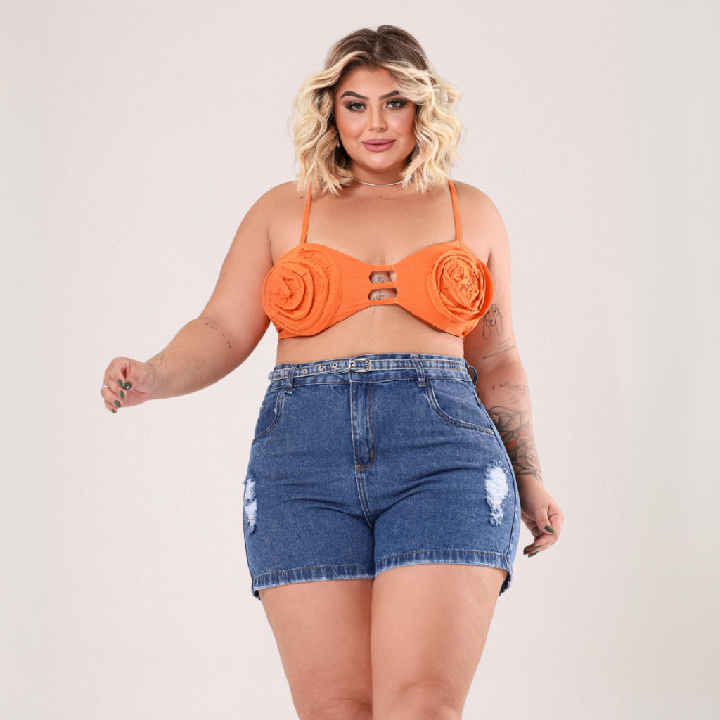 Short Jeans Feminino Plus Size Shorts Cintura Alta Algodão Moderno com Cinto em Oferta na Shopee