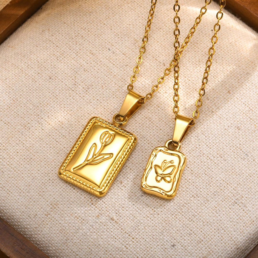 Vnox 18k Ouro Vintage Borboleta/Tulipa Colar Quadrado Para Mulheres Hipoalergênico De Aço Inoxidável Joias em Oferta na Shopee