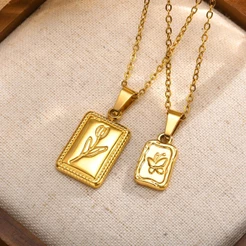 Vnox 18k Ouro Vintage Borboleta/Tulipa Colar Quadrado Para Mulheres Hipoalergênico De Aço Inoxidável Joias
