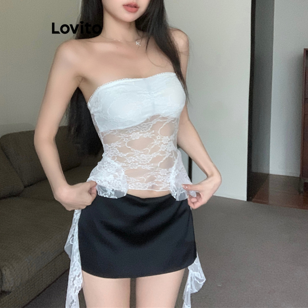 Detalhes do Lovito Regata Casual Lisa De Renda Transparente Para Mulheres LNA66481 (Multicolorido)