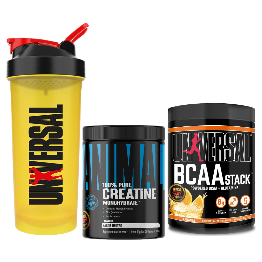 Kit Universal Nutrition Creatine 200g + BCAA Stack 250g + Coqueteleira 700ml - Performance e Recuperação