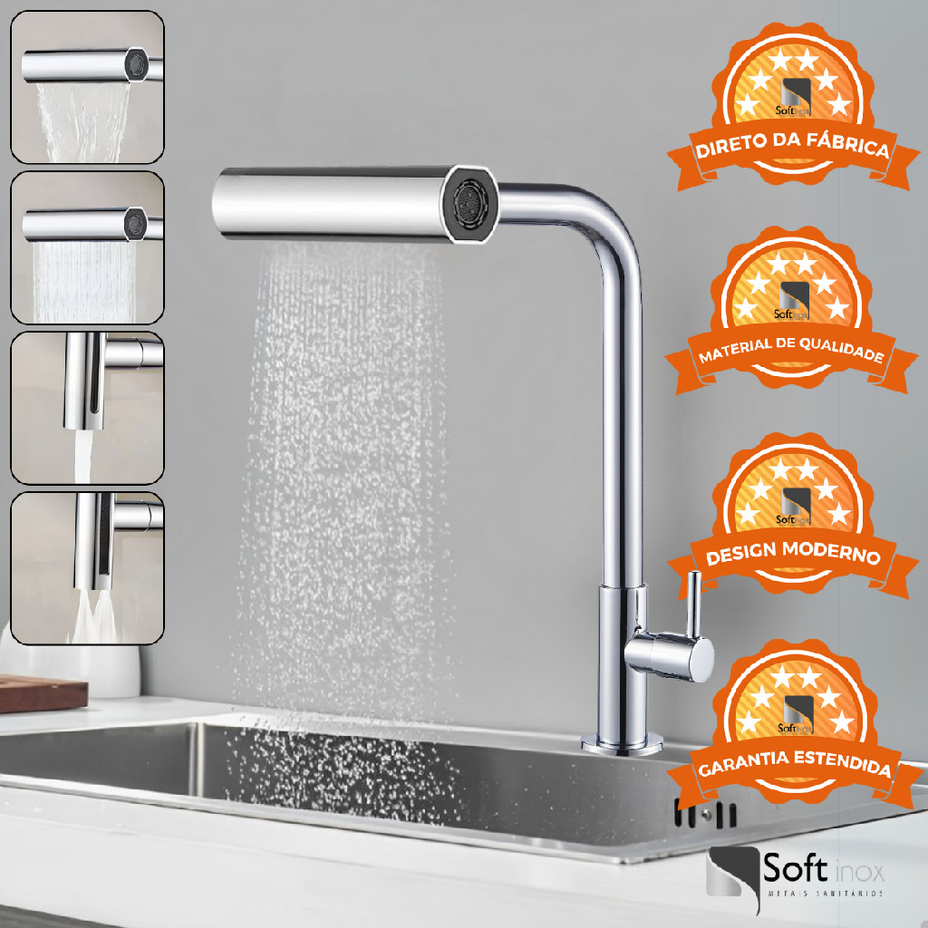 Torneira Gourmet Cozinha Bancada Parede 4 Jatos em 1 Cromada Dourada Preta Metal