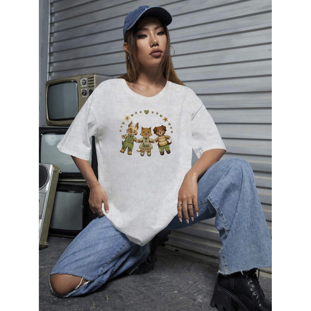 Camiseta Oversized Feminina Camisa Aesthetic Blusa Estampada Amizade Ursinhos Estilosa Casual