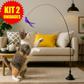 2 Brinquedo Varinha Gato Pena de Passaro Com Ventosa Fixa No Chao em Oferta na Shopee
