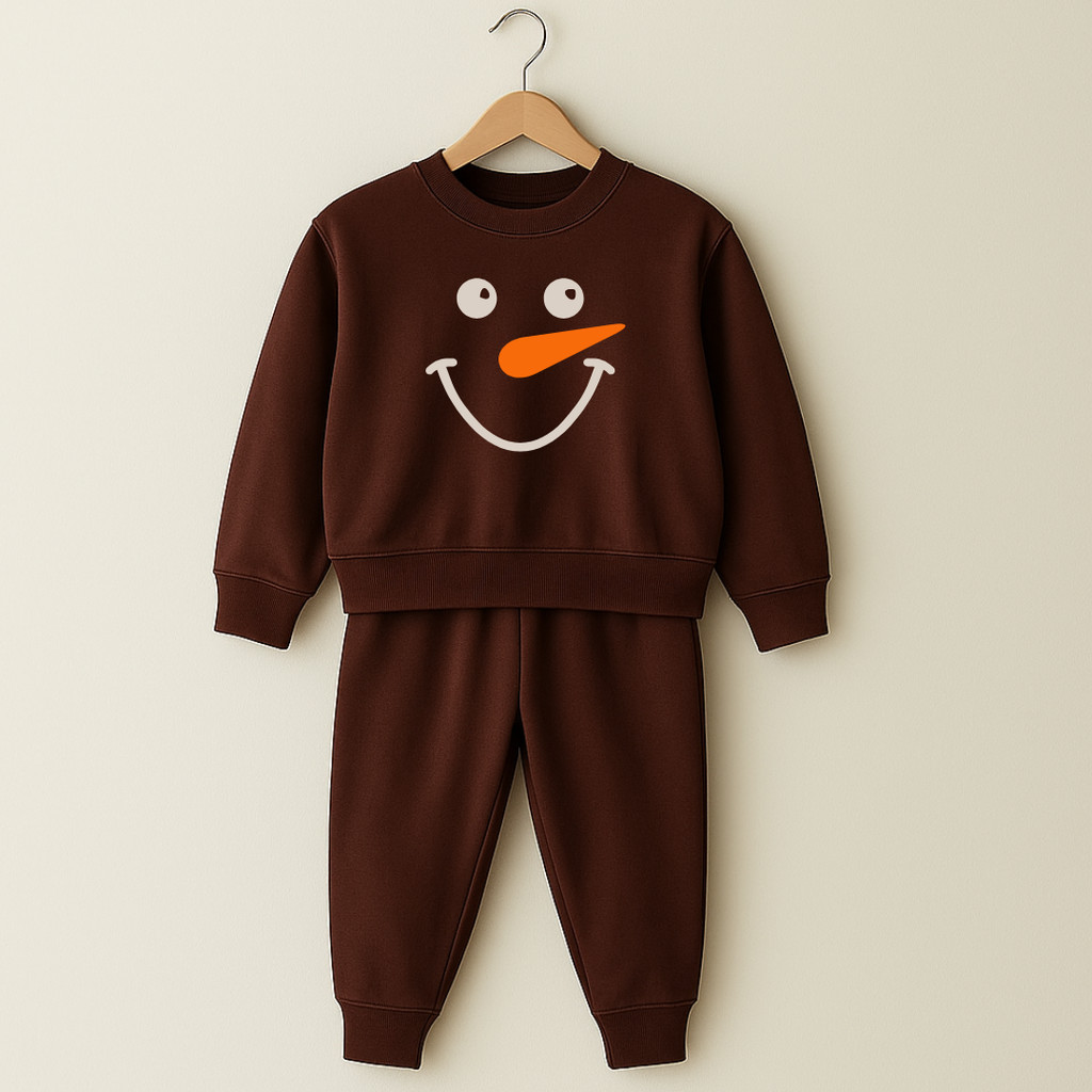 Conjunto Infantil Marrom Boho Boneco de Neve Moletom Felpado Estampa Blusa de Frio Capote G à 4 Anos
