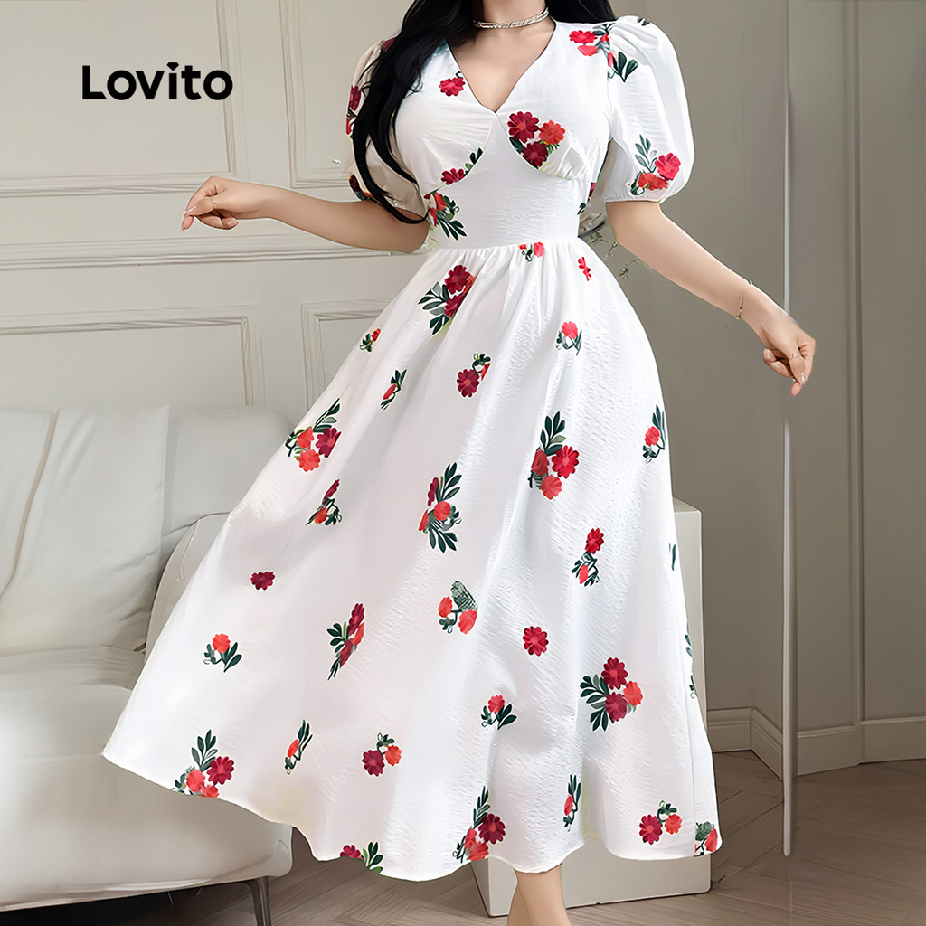 Lovito Vestido Casual Floral Com Zíper Padrão Plissado Primavera/Verão Branco Para Mulheres LBL25010 - Women Clothes