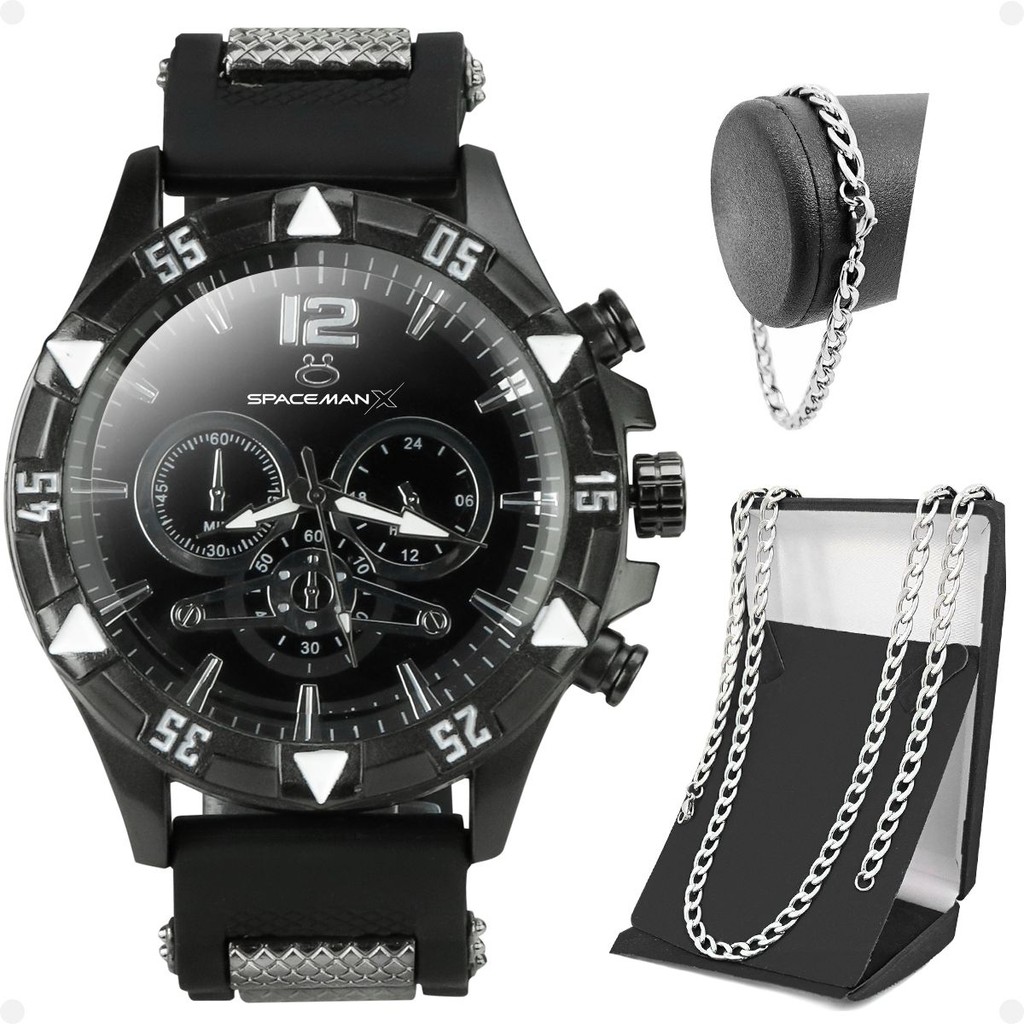 relogio masculino preto + relogio masculino aço inox + pulseira + cordão prata grumet Ajustavel