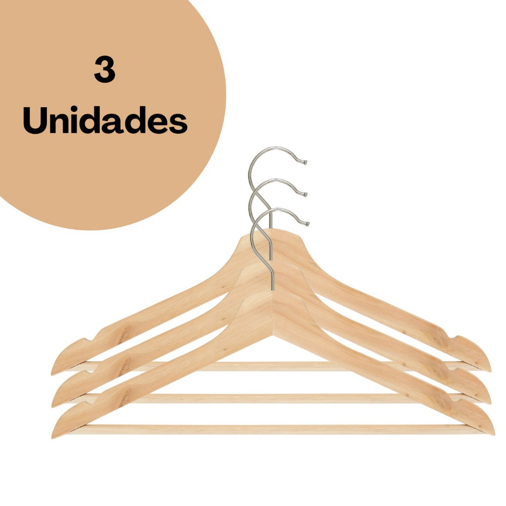 Kit 3 Cabide De Madeira Marfim Envernizado Closet Armário Roupas