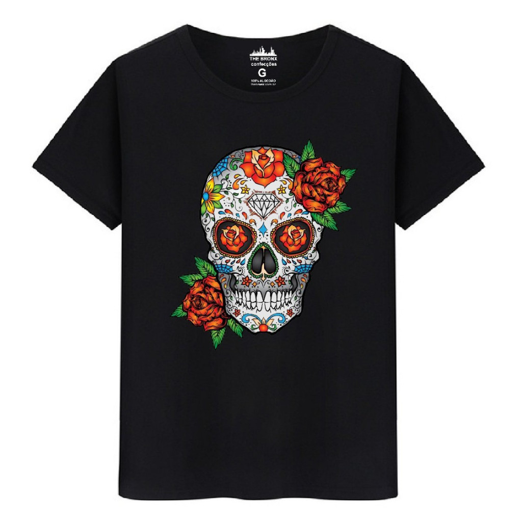 Camisa T-shirt Camiseta Masculina Algodão Premium Caveira Mexicana Flores Premium