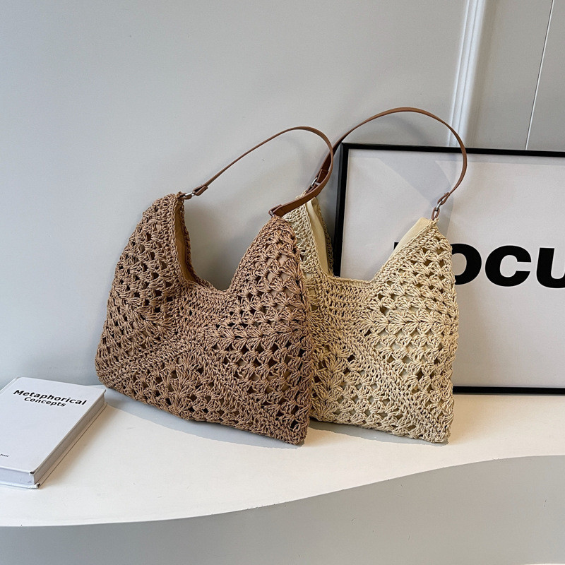 Bolsa Tote De Palha Feminina Grande Capacidade Vintage Férias De Ombro Tudo Casual Designer Oco Verão Praia Saco