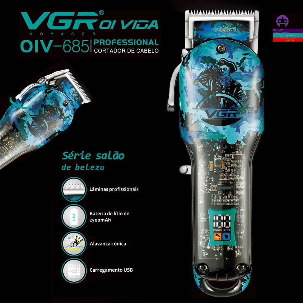 Máquina de Cortar Cabelo Profissional 2500mah Visor Led 8 Pentes VGR Aparador Barbeador Maquina Cortador de Cabelo V-685