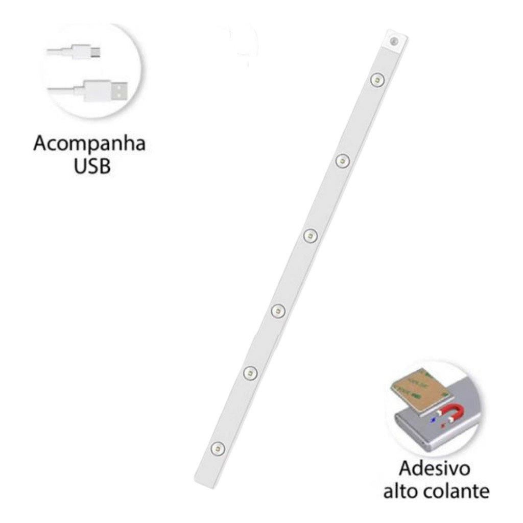 Luminaria Led Sensor Presença Recarregavel Usb Armario 80cm