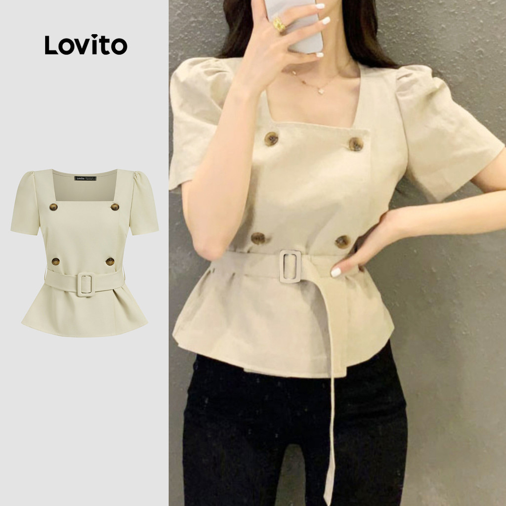 Lovito Blusa Elegante com Cinto e Botões Duplos, Primavera/verão, Cor Cáqui Claro, para mulheres LB134LD193 - Women Clothes