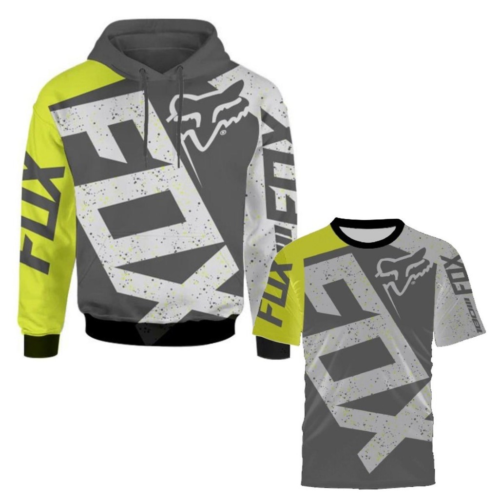 Kit Moletom Estampado + Camiseta 3D Motocross Trilha Fox Poliester Aventura com Capuz e Bolsos