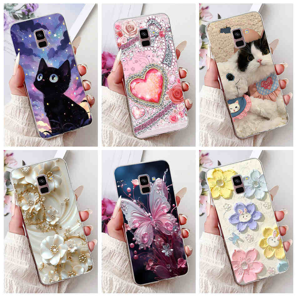 Para Samsung Galaxy A8 + (2018) A730F/A8 A530F Bonito Gato Borboleta Flor Padrão Macio Silicone TPU Caso De Telefone