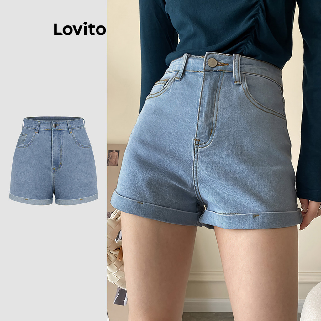 Lovito Shorts jeans casual com bolso de strass simples para mulheres L113MD391 - Women Clothes