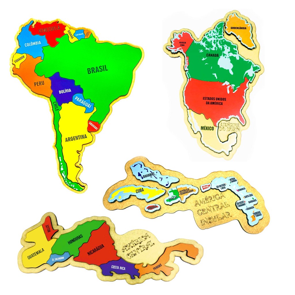 Kit Quebra-cabeça Mapas América do Norte, América do Sul e América Central Istmico e Insular