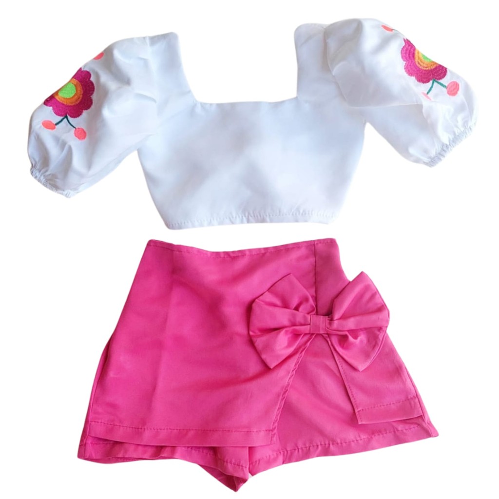 Conjunto menina saia short laço blusa com bordado  infantil  tendências verão estilosa diva