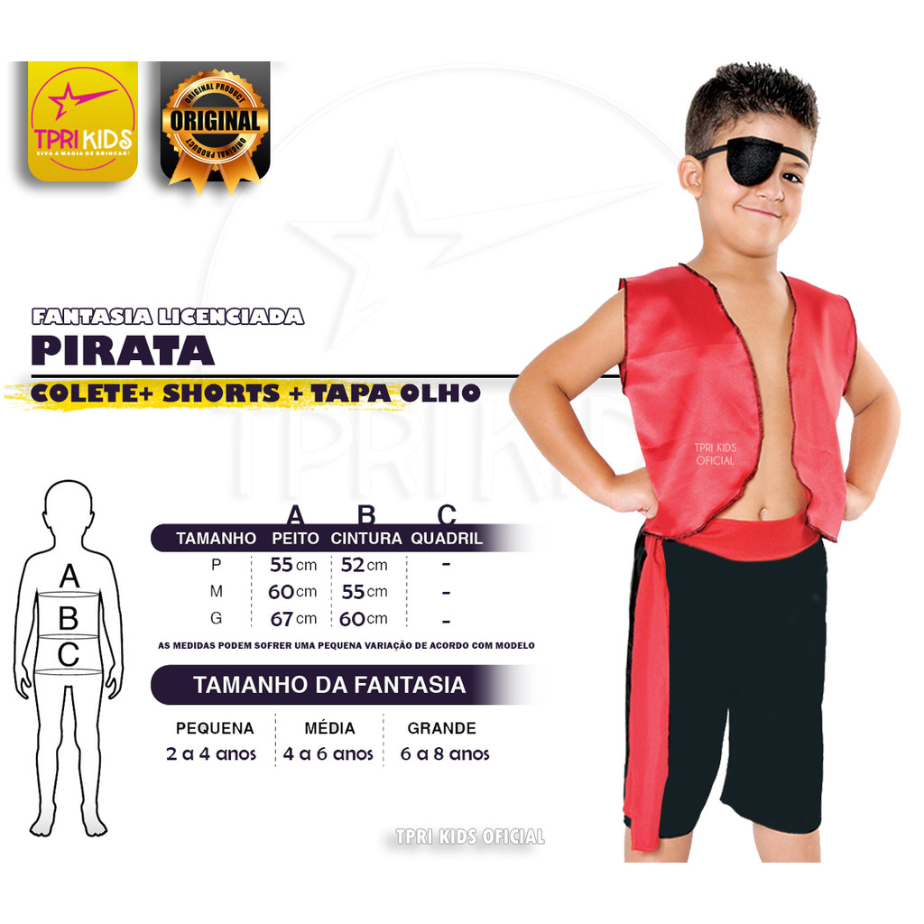 Fantasia Infantil Menino Pirata + Tapa Olho Halloween Camiseta Bermuda Festa Temática Carnaval Top
