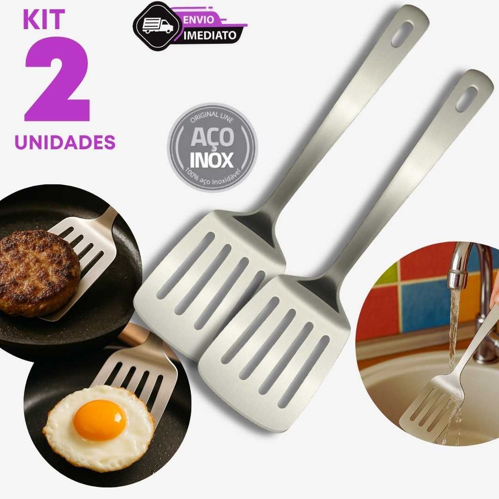 Jogo 2 Espátula Vazada Inox 25,8cm Cozinha Hamburguer Casa Buffet Churrasco Bar Grelha Profissional