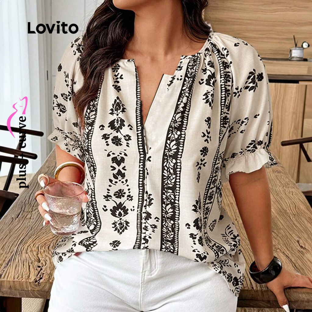 (Trendy) Lovito Plus Size Curva Elegante Plantas Guarnição Verão Primavera Blusa Multicolor Para Mulheres LBL25205 - Women Clothes