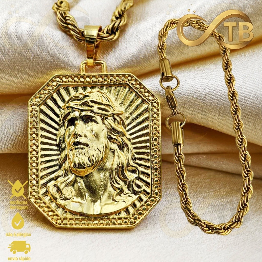 TB Moda Colar Corrente Friso Triplo Cordão Grande Pingente Ouro Neyma moeda Luxo Banhado a Ouro 18k