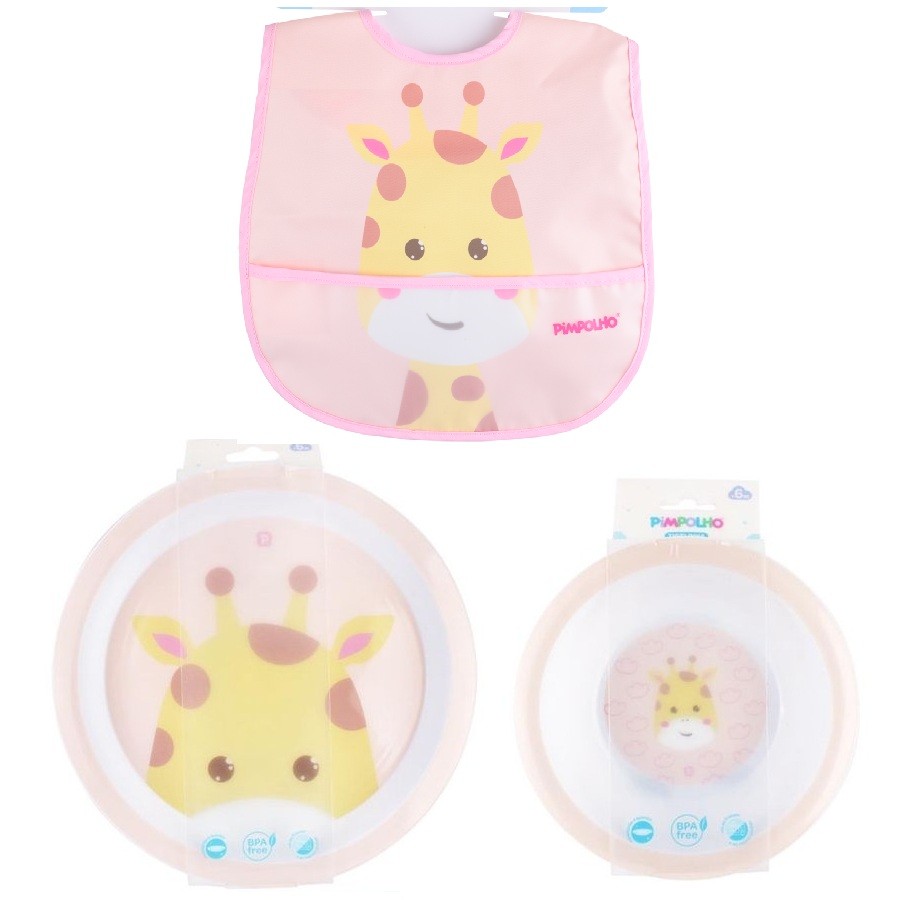 Kit Prato Raso Tigela Infantil Individual Babador Pimpolho Girafa