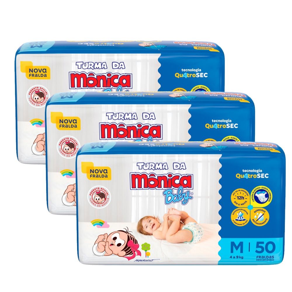 Kit 3 Fralda Infantil Turma da Mônica Baby Mega Tamanho M 50 Fraldas Descartáveis - Mom & Baby