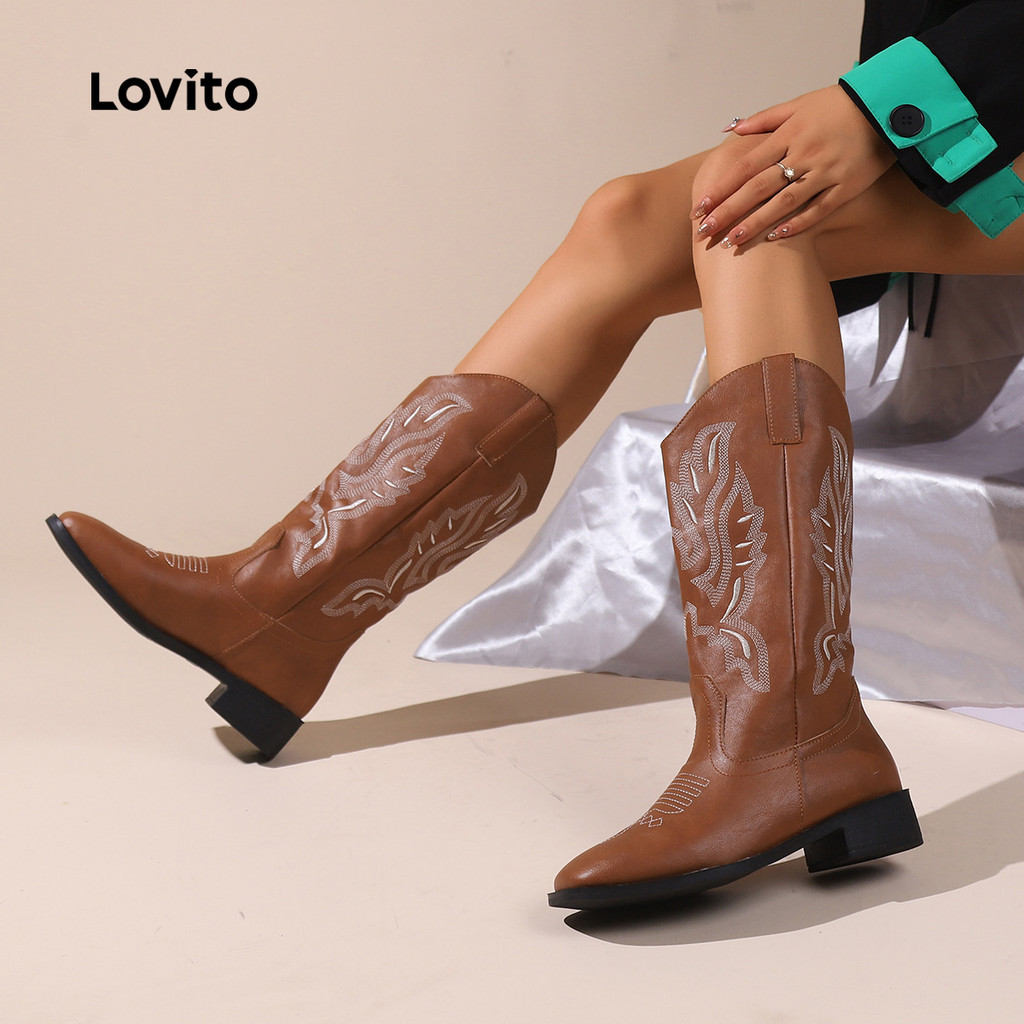 (Trendy) Lovito Botas Casuais Simples De Cavaleiro, Tubo Médio, Bota Fashion Para Mulheres LFA79038