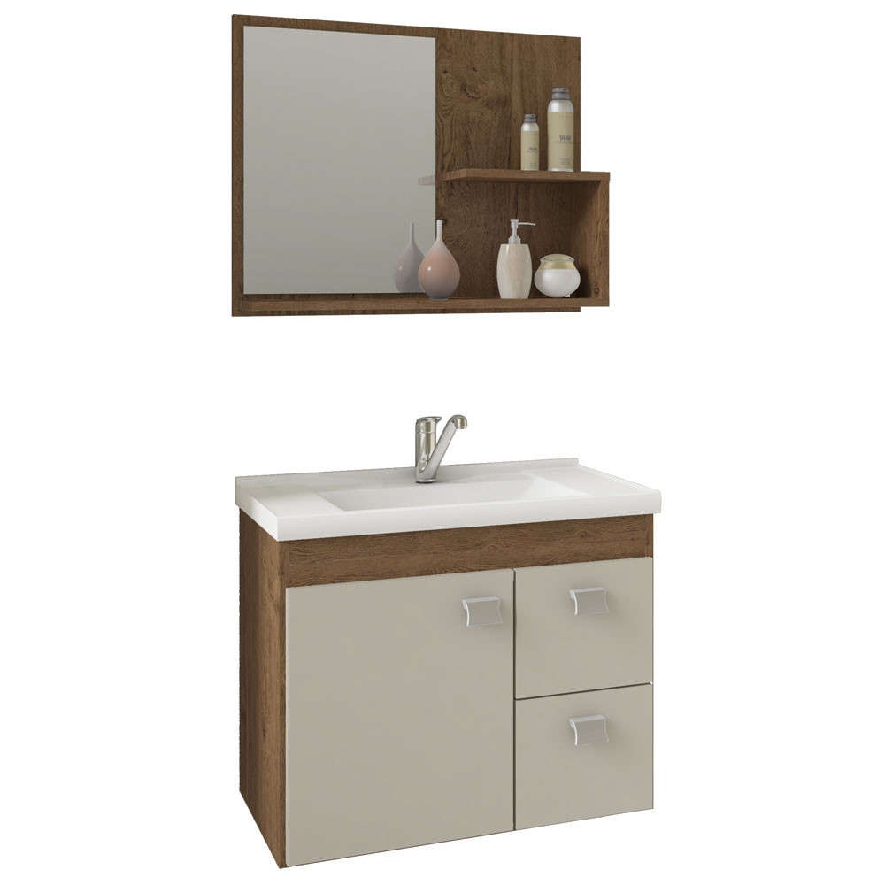 KIT CONJUNTO GABINETE PARA BANHEIRO COM 1 PORTA 2 GAVETAS E ESPELHEIRA HORTÊNCIA MGM - Home & Living