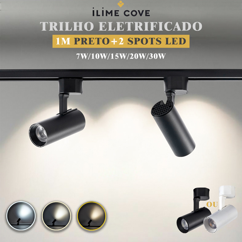 Luxuoso Spot LED Trilho Eletrificado Kit 1M Preto+2 Spots Led Cor Preto Branco Bivolt 7W a 30W
